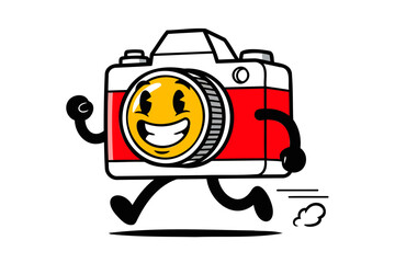 A retro cartoon running camera character with a happy smiling face. Vector outline illustration
