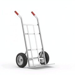 Two-Wheeled Hand Truck Dolly with Single Brown Cardboard Box on White Background 