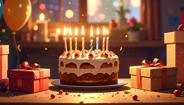 Birthday cake with candles and gifts. Warm, festive scene - Powered by Adobe