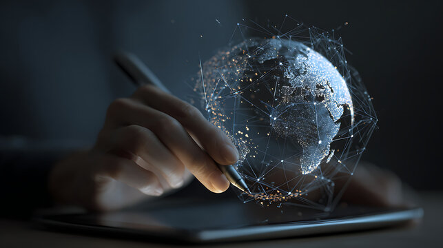 Person's hand holding a stylus interacting with a glowing digital Earth network on a tablet technology - Powered by Adobe