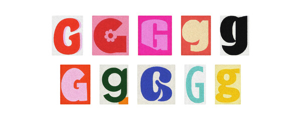 Magazine letter G cutout tiles, colorful collage on transparent PNG
