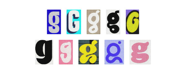 Colorful letter G collage from magazine clippings, isolated PNG
