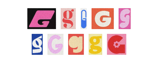 Colorful letter G collage from magazine clippings, isolated PNG
