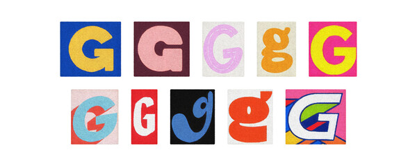 Assorted letter G glyphs, uppercase and lowercase, transparent PNG set
