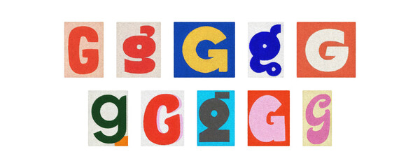 Assorted letter G glyphs, uppercase and lowercase, transparent PNG set
