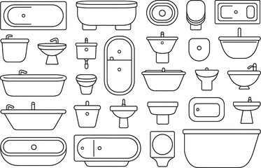 Bathroom Furniture Vector Icons Set – Bathtub, Toilet, Sink, Washbasin Line Art Illustration