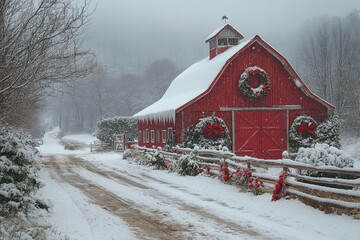 Red barn with wreath on roof.