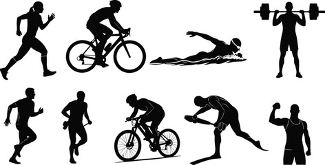 Sport activity silhouettes, running, cycling, swimming, basketball, weightlifting, black vector icons, athletic motion, fitness, exercise, training, health, energy