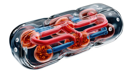 Medicine Interior: An artistic medical illustration, showcases the internal components of a capsule, displaying a complex network of structures.