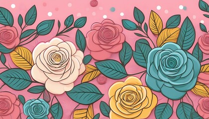 abstract floral pattern with colorful roses and leaves on pink background