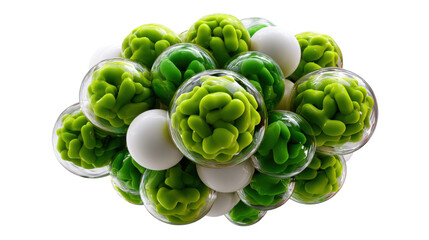 Abstract Organic Spheres: Captivating cluster of transparent orbs, each delicately cradling vibrant green and pristine white forms.