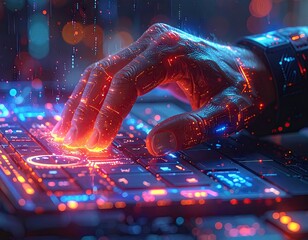 Glowing Hand Typing on Futuristic Keyboard