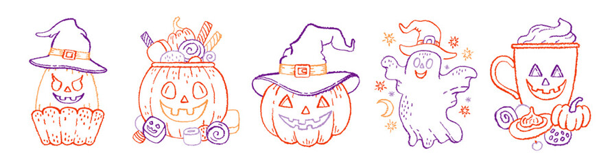 Pumpkin Halloween sketch. Vector ghost monster, candy bucket, pumpkin lantern. Cute jack face icon. Vintage spooky doodle logo. Happy Halloween silhouette bg. October background. Retro design sticker