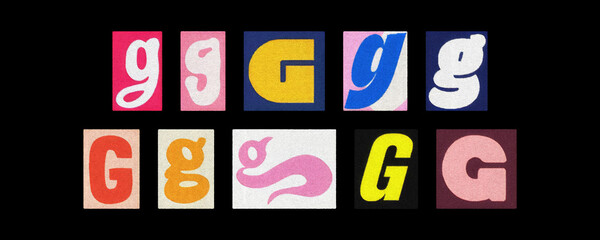 Colorful letter G collage from magazine clippings arranged on black
