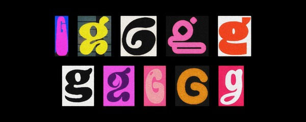 Assorted letter G typography styles, paper cutouts against black

