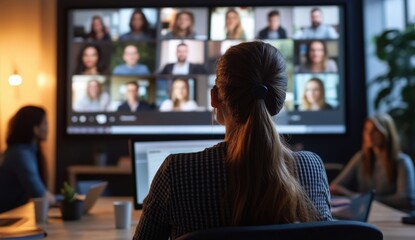 A woman attends a virtual meeting, viewing multiple participants on a screen in a modern office setting.