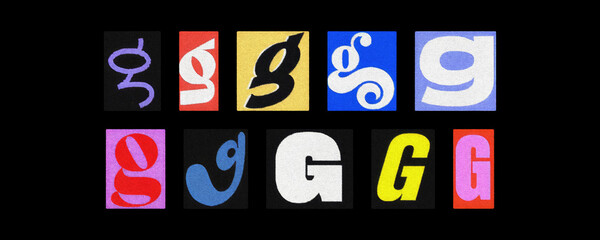 Assorted letter G typography styles, paper cutouts against black
