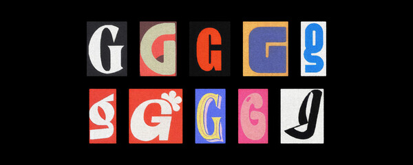 Vintage and modern letter G tiles collection, magazine collage on black
