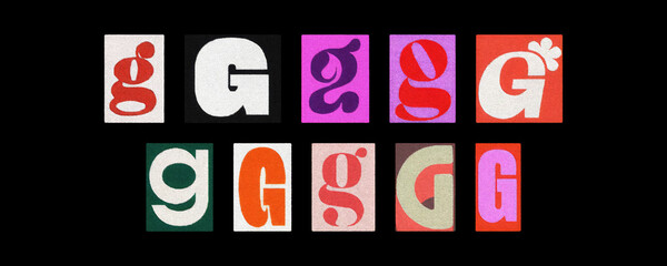 Vintage and modern letter G tiles collection, magazine collage on black
