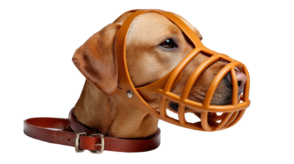 Protective Measure: A well-groomed dog with a secure muzzle, signifying responsible pet ownership and a focus on safety and well-being.