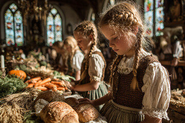 Obraz premium Harvest blessing inside a small countryside church in Austria during Erntedankfest. The altar is decorated with pumpkins, bread, grain sheaves, and seasonal fruits.