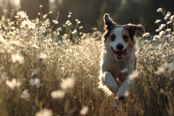 Dog runs joyfully through field, full of glee