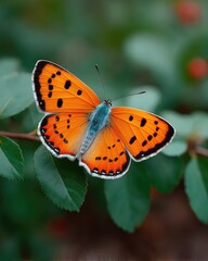Obraz premium Macro Close Up of a Butterfly with Orange Wings on Green Leaves Nature Background