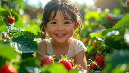 Little Child Picking Fresh Strawberries In Sunny Garden