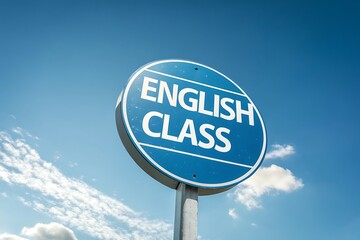 Obraz premium Bright blue circular sign with white text 'english class' illuminates sky blue background symbolizing education and learning opportunities