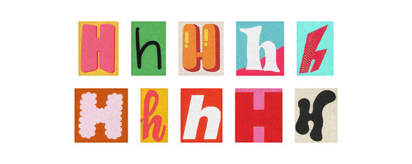 Magazine letter H cutouts collage set, colorful tiles on transparent PNG
