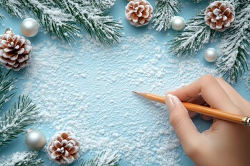 Person writing on snow with pine cones and cones.
