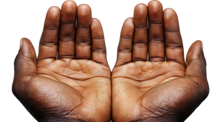 Close Up of Two Brown Hands with Detailed Texture Against Black Background
