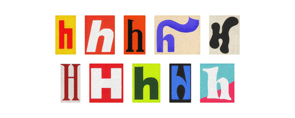 Colorful letter H collage from magazine clippings, isolated PNG
