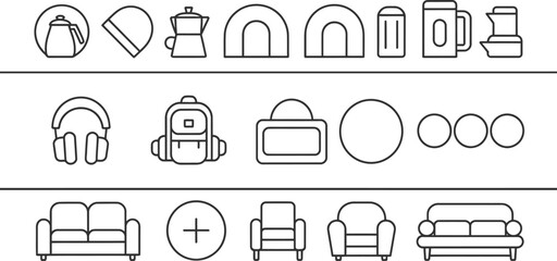 Household Objects Vector Icons Set – Sofa, Headphones, Backpack, Coffee Maker Line Art Illustration