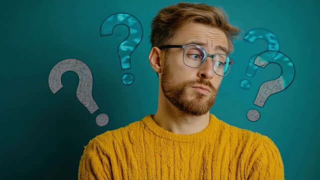 A thoughtful young man in a yellow sweater with a puzzled expression and question marks surrounding him against a teal background.