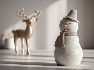 A minimalist indoor scene with a smiling snowman figurine in gray hat and a simple golden deer decoration against a light wall and wooden floor, creating a cozy atmosphere