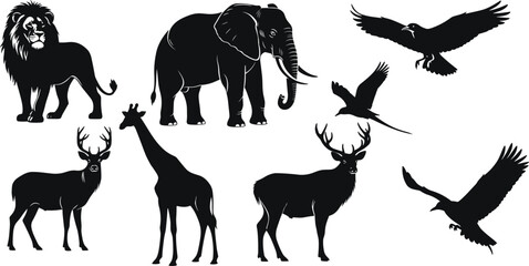 Wild animal silhouettes, lion, elephant, giraffe, deer, birds flying, black vector icons, nature illustration, forest wildlife, safari, fauna