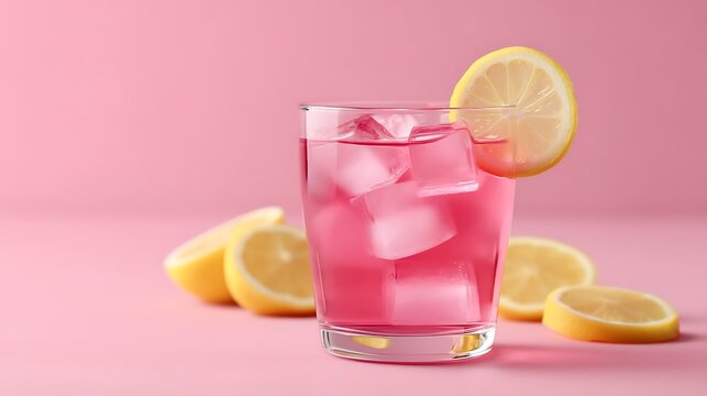 Pink Lemonade Refreshment Glass of Iced Drink with Lemon Garnish on Pink Background