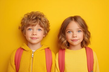Smiling Children in Yellow Sweaters with Backpacks