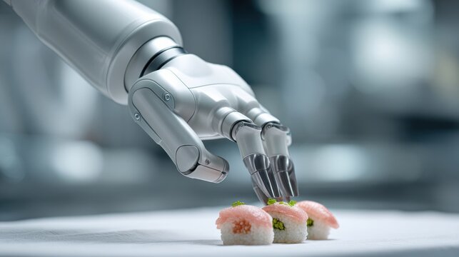 A robot arm is reaching for a piece of sushi