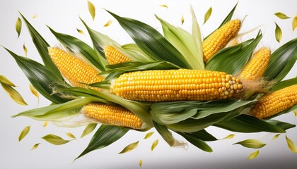 ripe corn cobs falling green leaves suspended presenting fresh agricultural harvest on white background