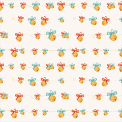 Seamless jingle bell garland with bows &mdash; festive watercolor vector pattern