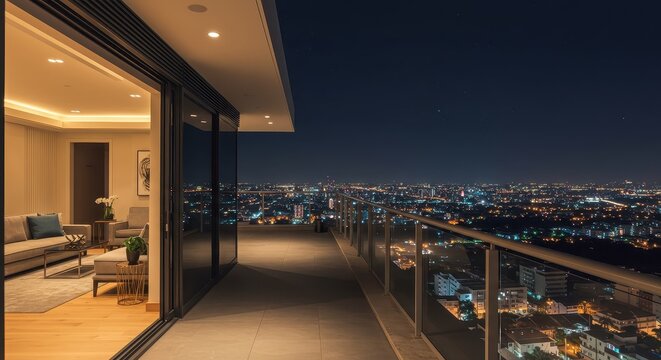 Modern luxury penthouse balcony offering a wide angle panoramic night city view