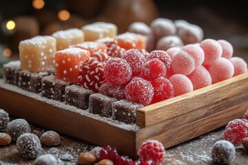 Wooden box bursting with colorful candies.