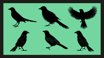 Obraz premium Elegant silhouettes of black birds in various poses, a collection of avian artistry perfect for nature lovers and creative projects needing a touch of wildlife