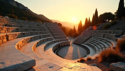 A beautiful view of an ancient amphitheater or stadium with stone seating bathed in the warm light of a golden sunset. Perfect for history, travel, and ancient civilization themes