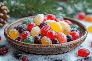 Bowl filled with assorted candies and gums.