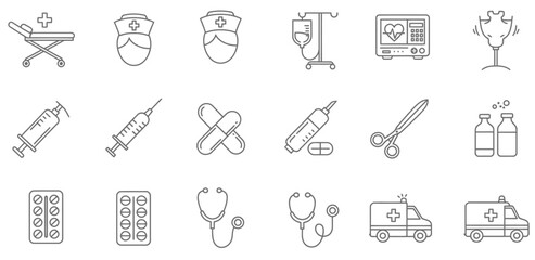 A flat lay of various medical icons and symbols on a clean white background with a minimalist and informative composition.
