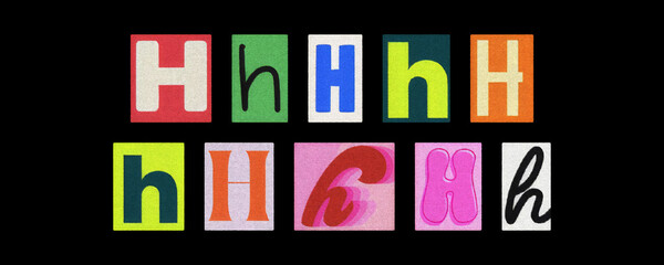 Vintage and modern letter H tiles collection, magazine collage on black
