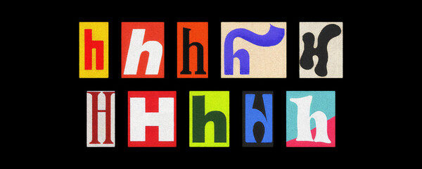 Vintage and modern letter H tiles collection, magazine collage on black
